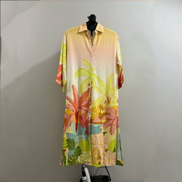 NWOT Farm Rio Linen blend Floral Midi Shirt Dress Size L Hawaiian Tropical - Picture 2 of 9